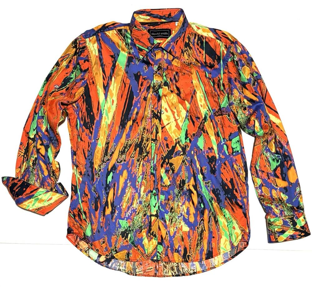 David Smith Shirt Mens Sz XL Bright Colors Neon Button Up Classic Fit Cotton